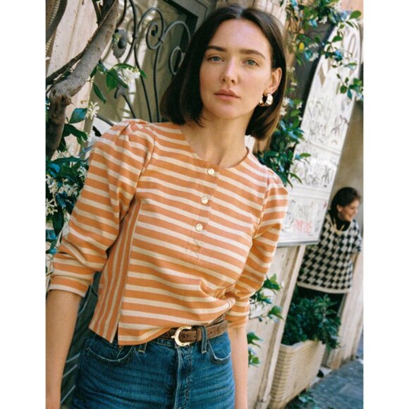 Nation Los Angeles NWT Women's Caramel Prato Stripe JANNEY Henley, Size Medium - Picture 2 of 7